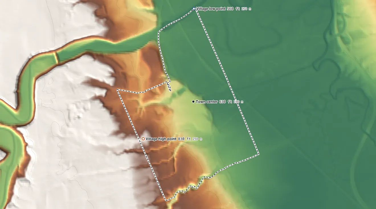 Topographic elevation map of Village of Mount Morris, New York, shaded from 560 ft on the north side to 830 ft on the southwest side
