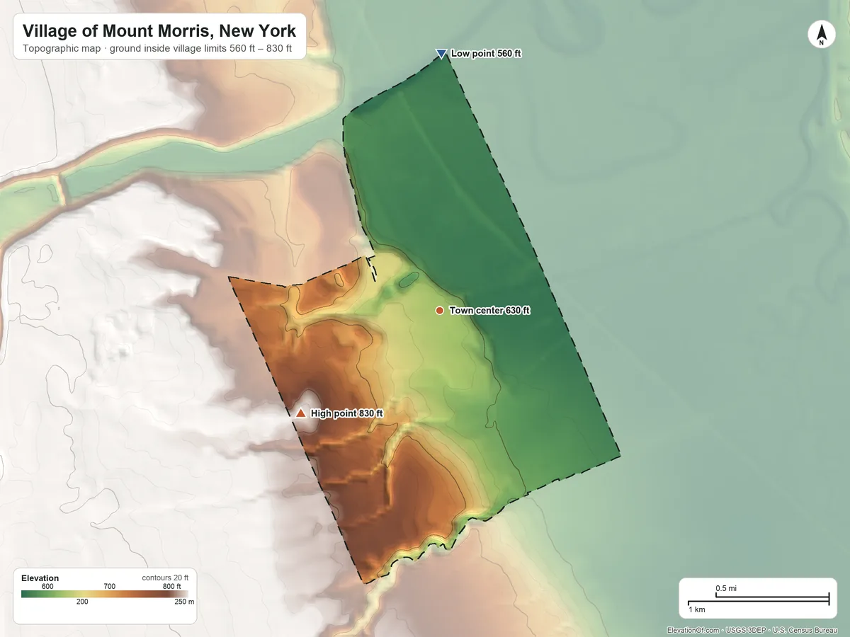Topographic elevation map of Village of Mount Morris, New York, shaded from 560 ft on the north side to 830 ft on the southwest side