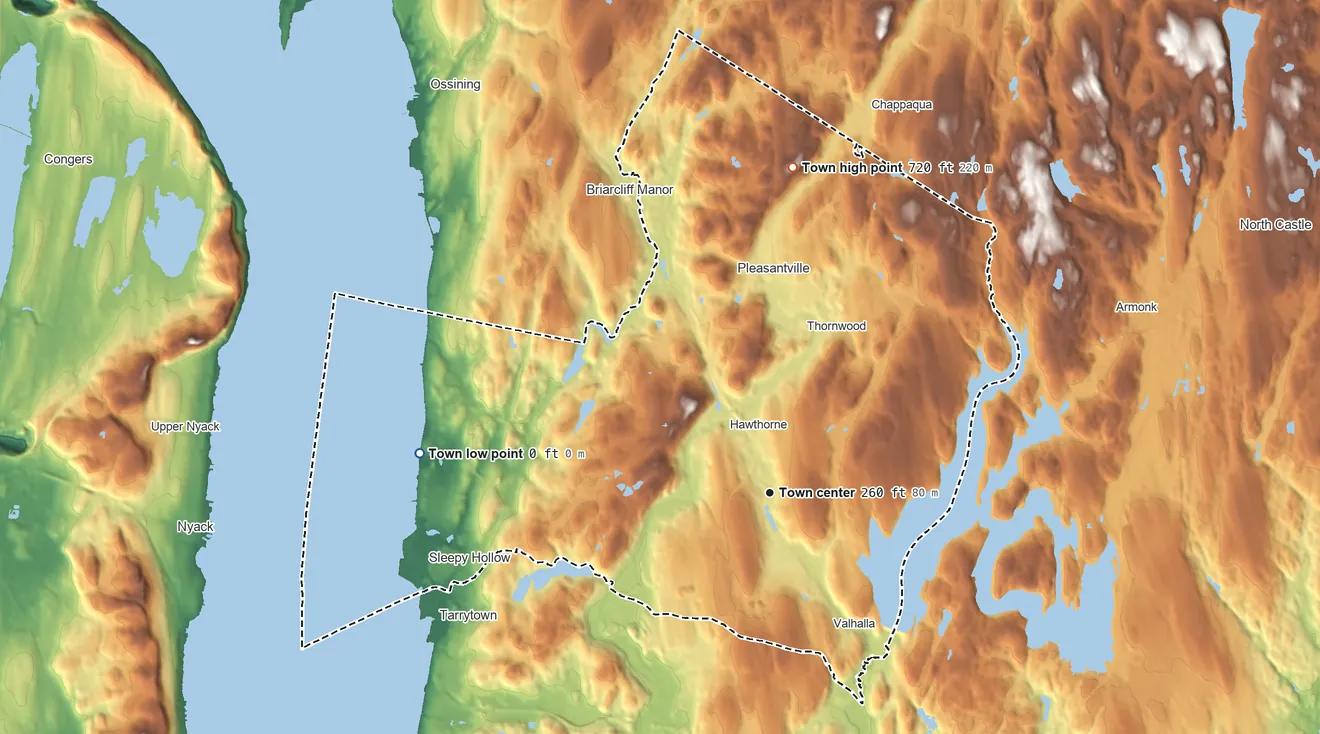 Topographic elevation map of Mount Pleasant, New York, shaded from 0 ft on the west side to 718 ft on Sarles Hill