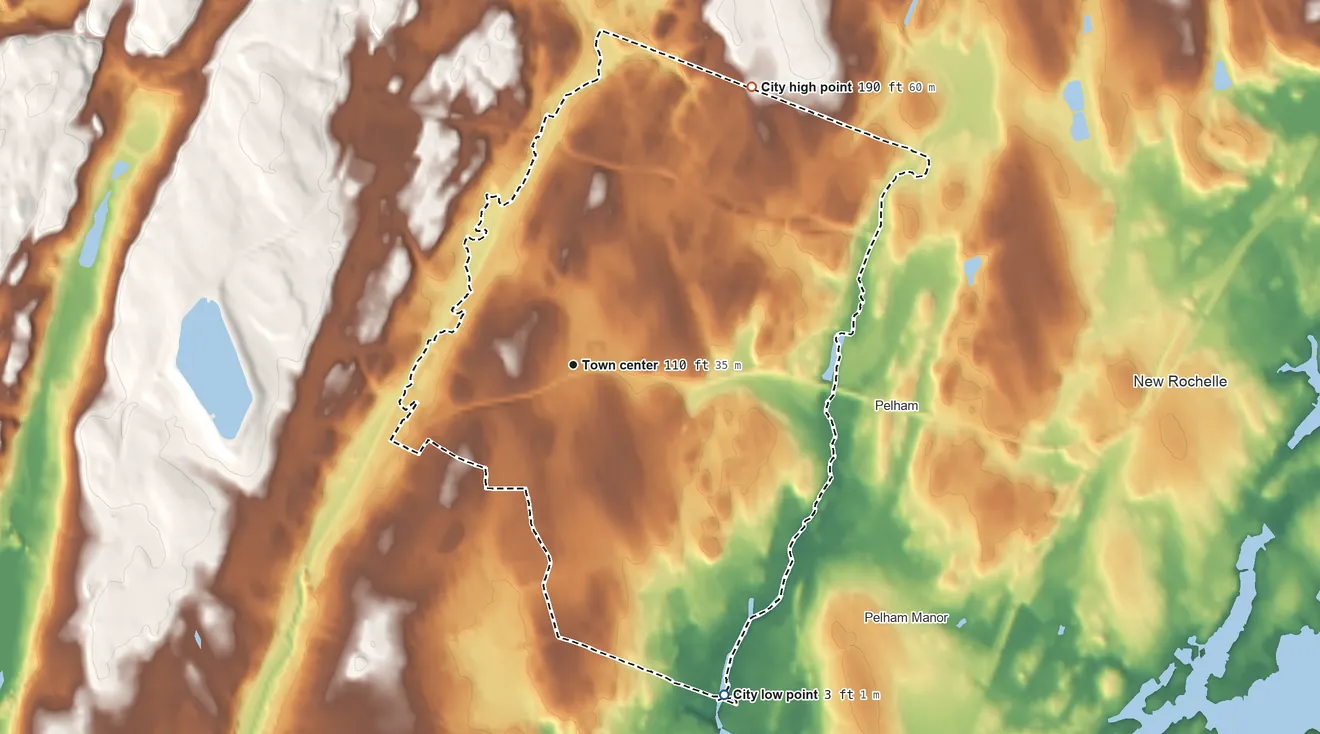 Topographic elevation map of Mount Vernon, New York, shaded from 3 ft on the southeast side to 190 ft on the northeast side