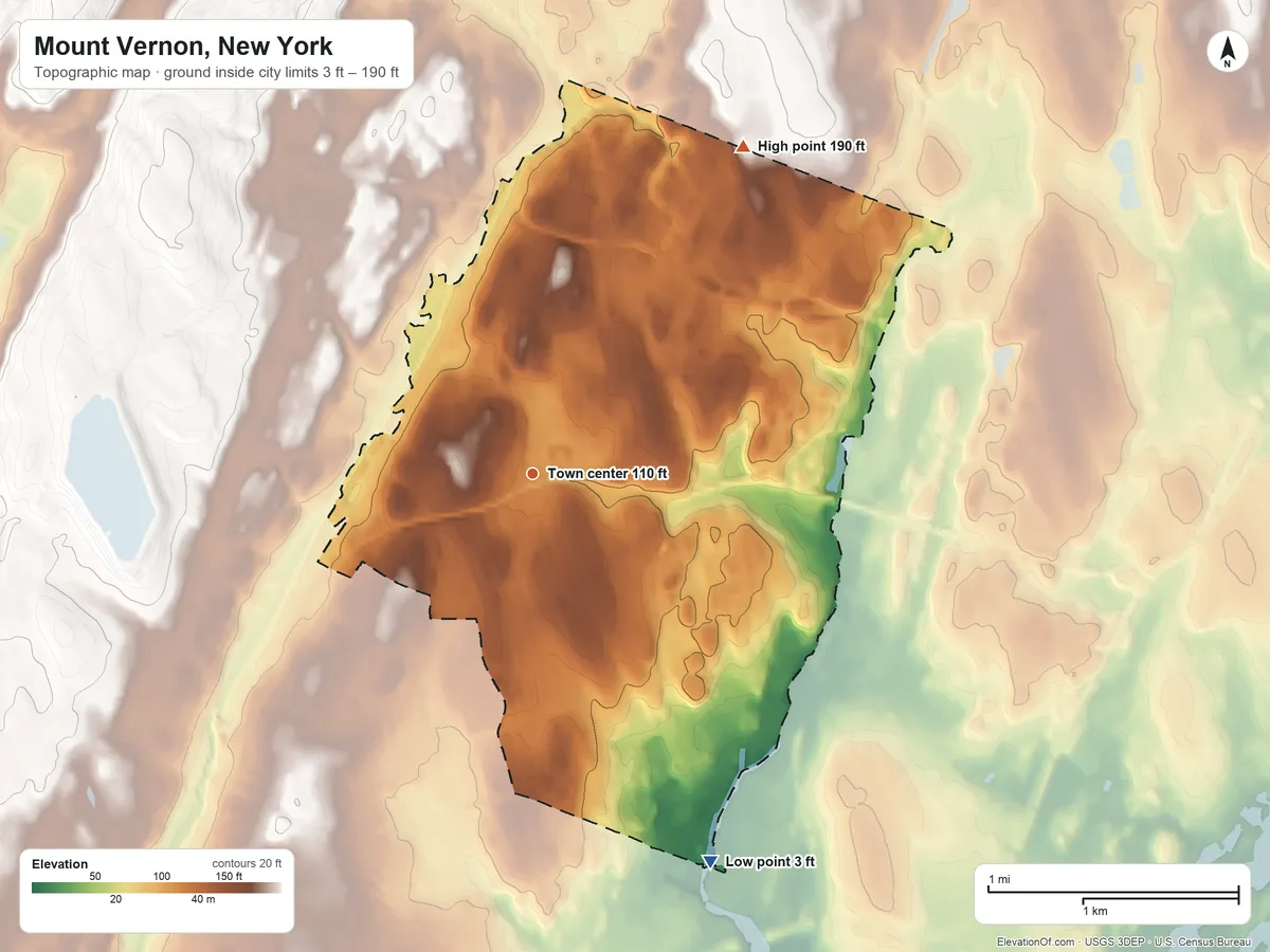 Topographic elevation map of Mount Vernon, New York, shaded from 3 ft on the southeast side to 190 ft on the northeast side