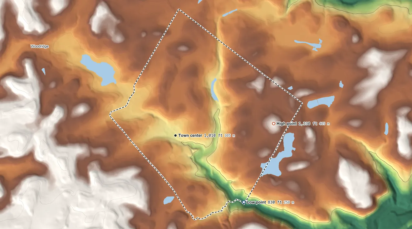 Topographic elevation map of Mountain Dale, New York, shaded from 830 ft on the southeast side to 1,330 ft on the east side
