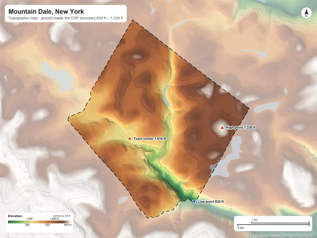 Topographic elevation map of Mountain Dale, New York, shaded from 830 ft on the southeast side to 1,330 ft on the east side