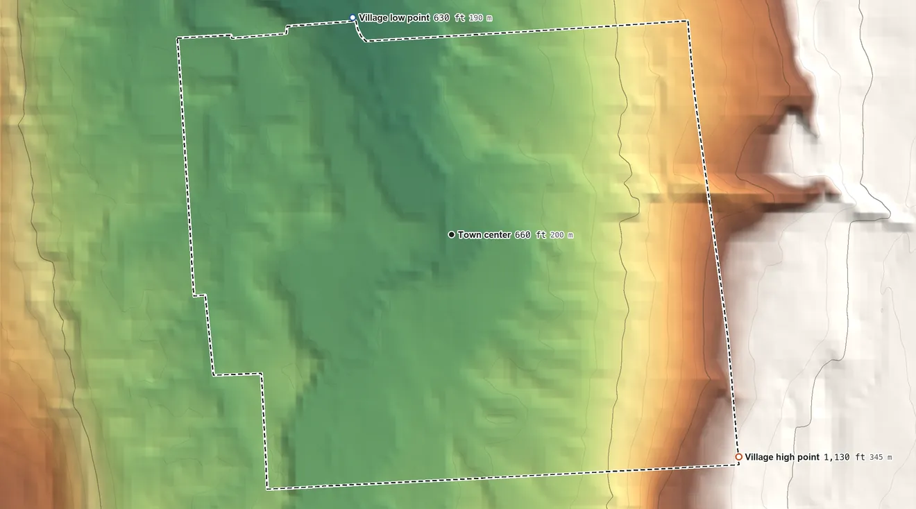 Topographic elevation map of Munnsville, New York, shaded from 630 ft on the northwest side to 1,130 ft on the southeast edge, below higher ground just outside