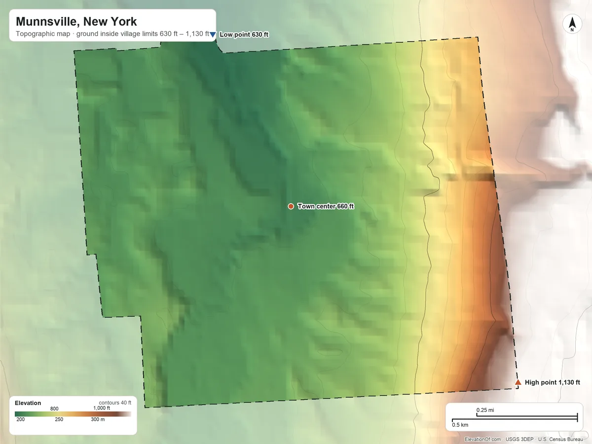 Topographic elevation map of Munnsville, New York, shaded from 630 ft on the northwest side to 1,130 ft on the southeast edge, below higher ground just outside