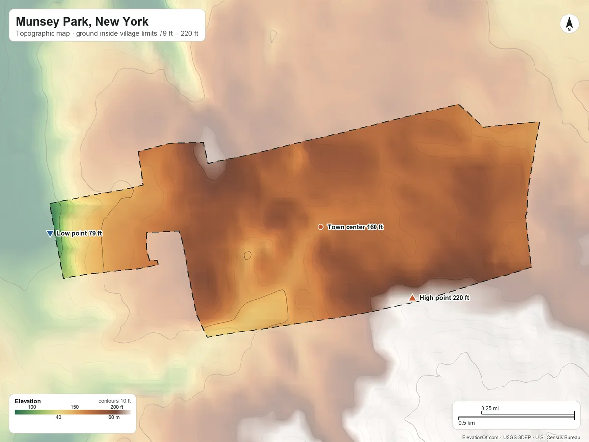 Topographic elevation map of Munsey Park, New York, shaded from 79 ft on the west side to 220 ft on the southeast side