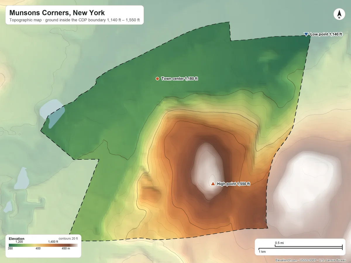 Topographic elevation map of Munsons Corners, New York, shaded from 1,140 ft on the east side to 1,550 ft on the southeast edge, below higher ground just outside