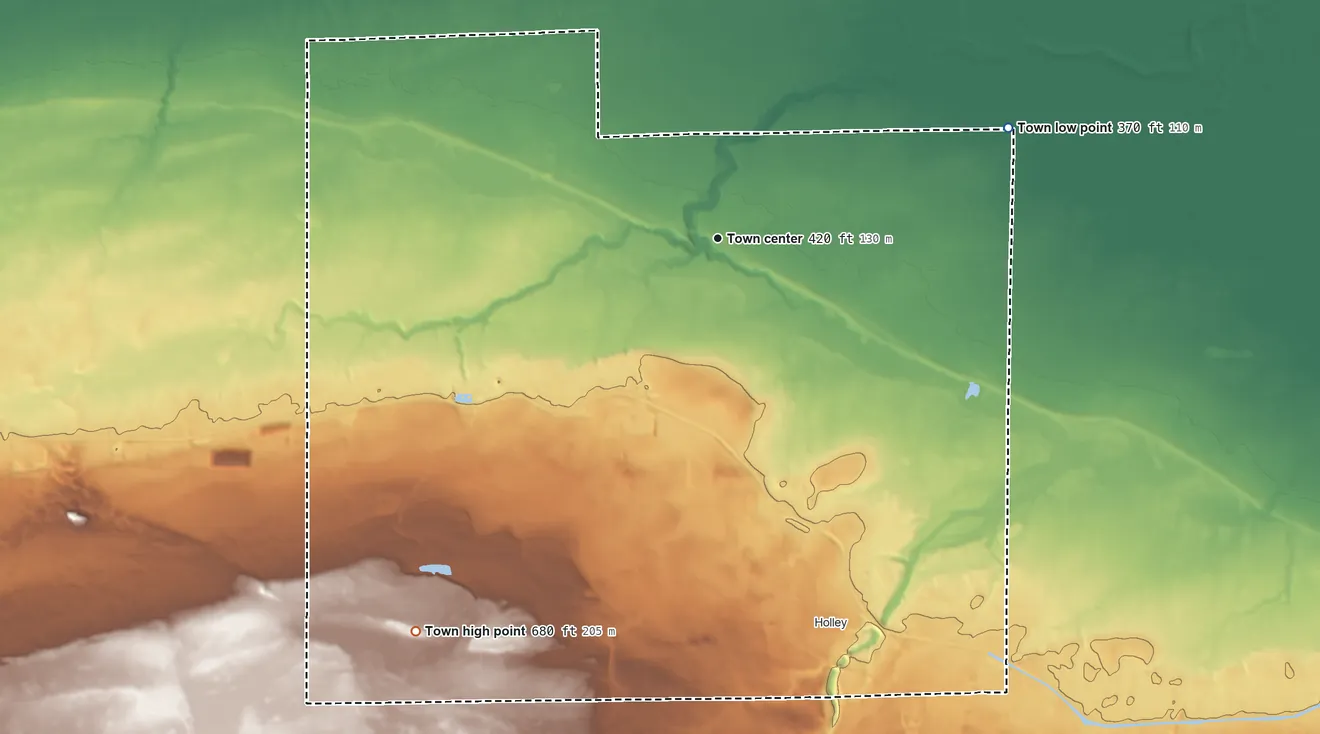 Topographic elevation map of Murray, New York, shaded from 370 ft on the east side to 680 ft on the southwest side