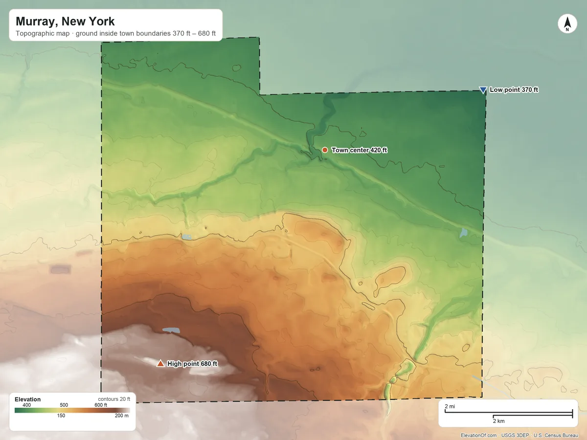 Topographic elevation map of Murray, New York, shaded from 370 ft on the east side to 680 ft on the southwest side