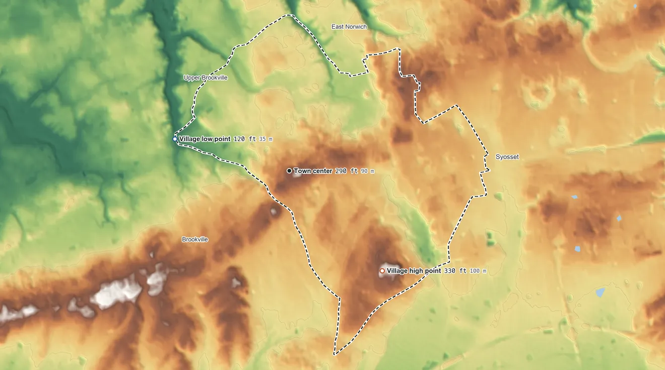 Topographic elevation map of Muttontown, New York, shaded from 120 ft on the west side to 330 ft on the southeast side