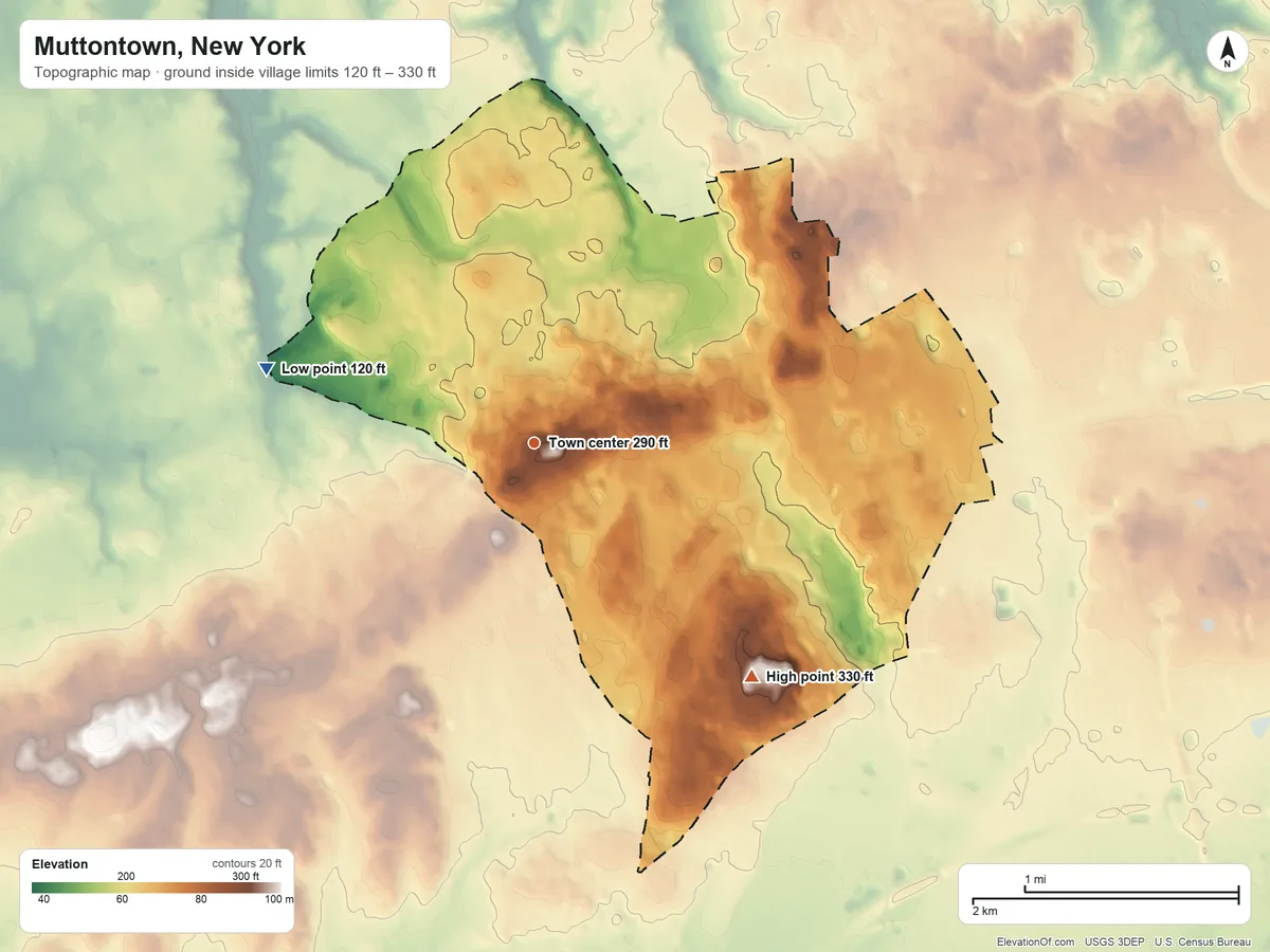 Topographic elevation map of Muttontown, New York, shaded from 120 ft on the west side to 330 ft on the southeast side