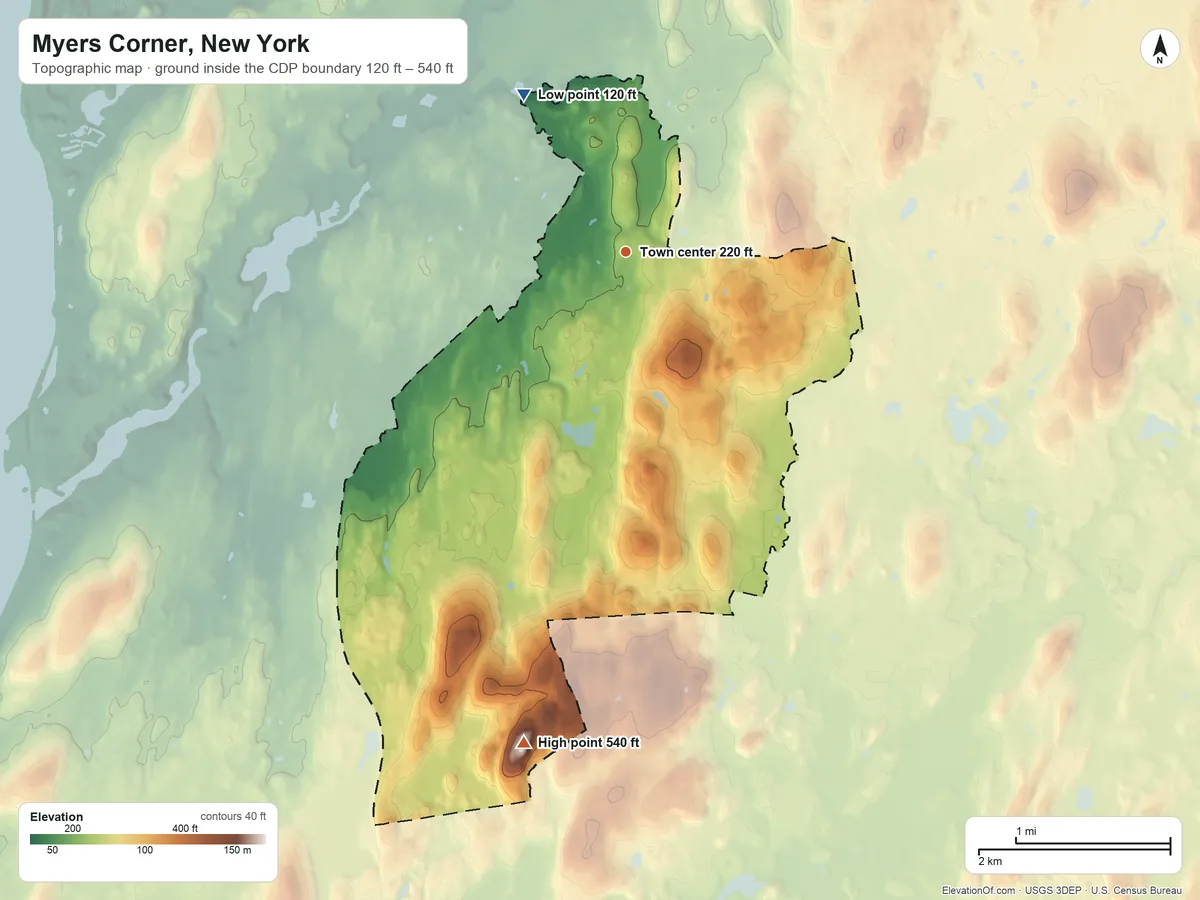 Topographic elevation map of Myers Corner, New York, shaded from 120 ft on the northwest side to 540 ft on the south side