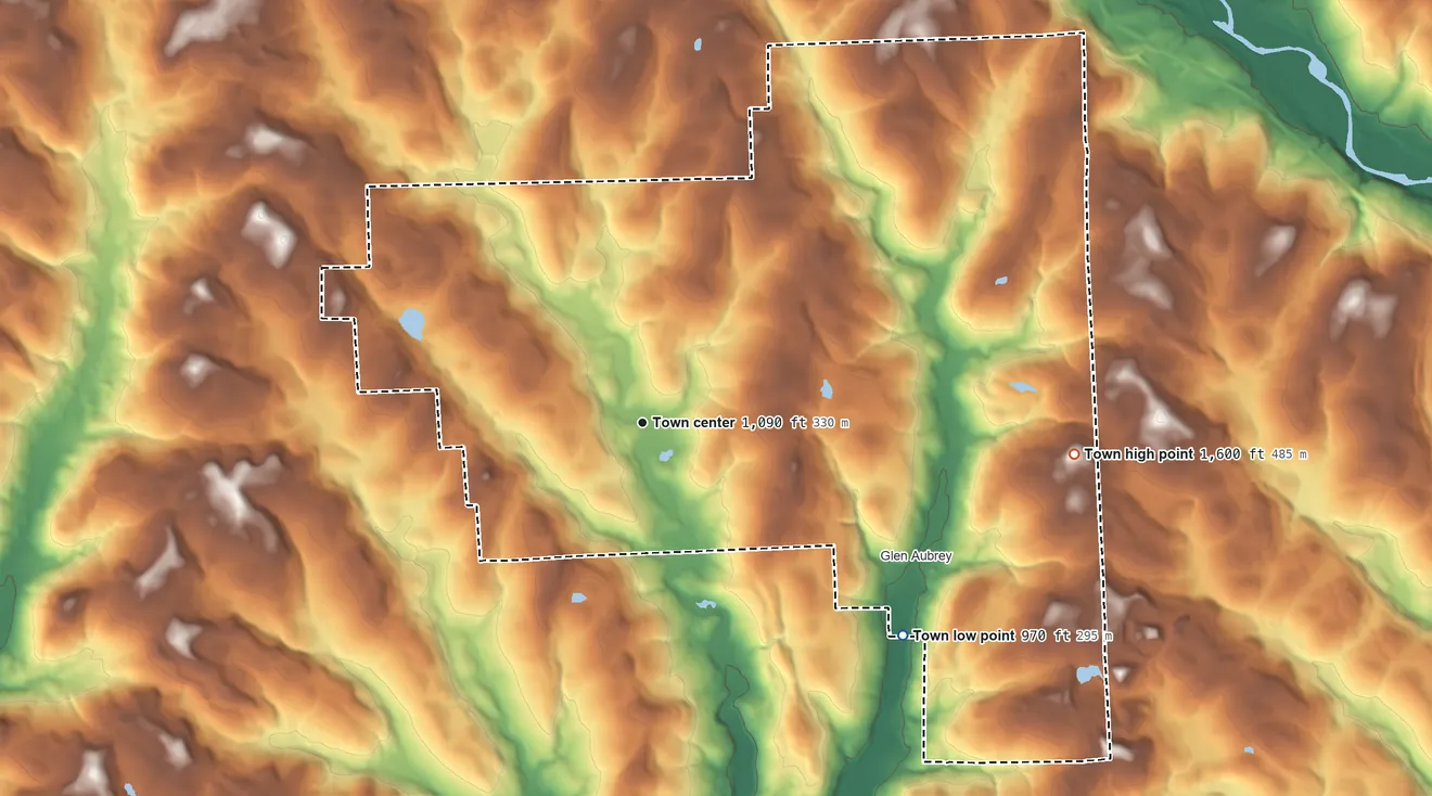 Topographic elevation map of Nanticoke, New York, shaded from 970 ft on the southeast side to 1,600 ft on the east side