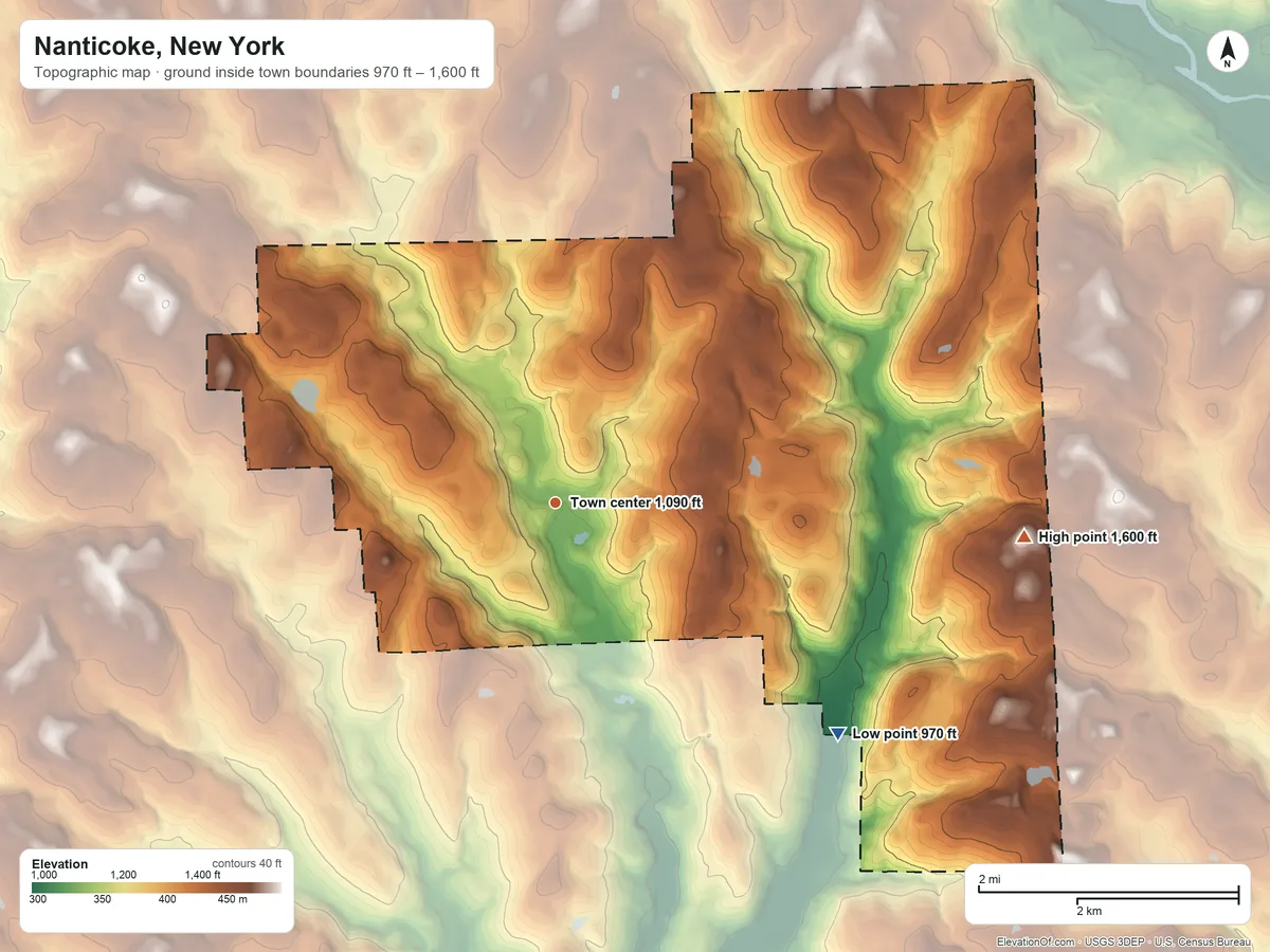 Topographic elevation map of Nanticoke, New York, shaded from 970 ft on the southeast side to 1,600 ft on the east side