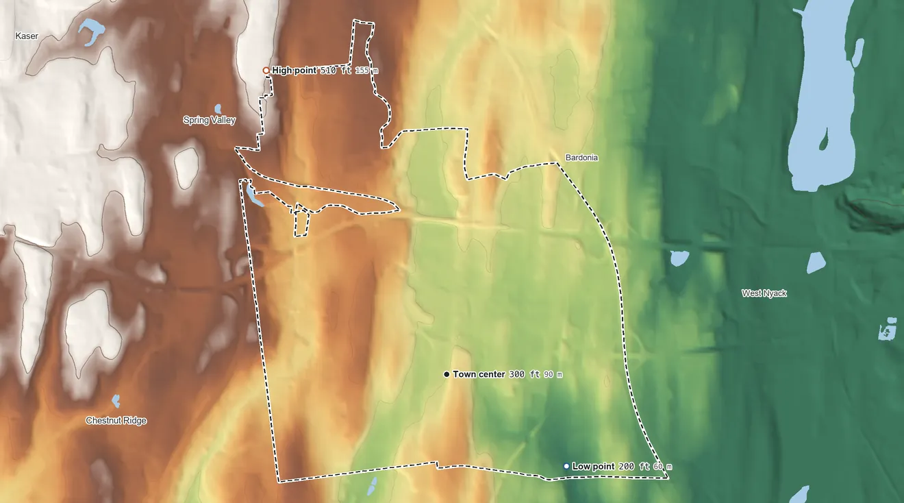 Topographic elevation map of Nanuet, New York, shaded from 200 ft on the southeast side to 510 ft on the northwest side