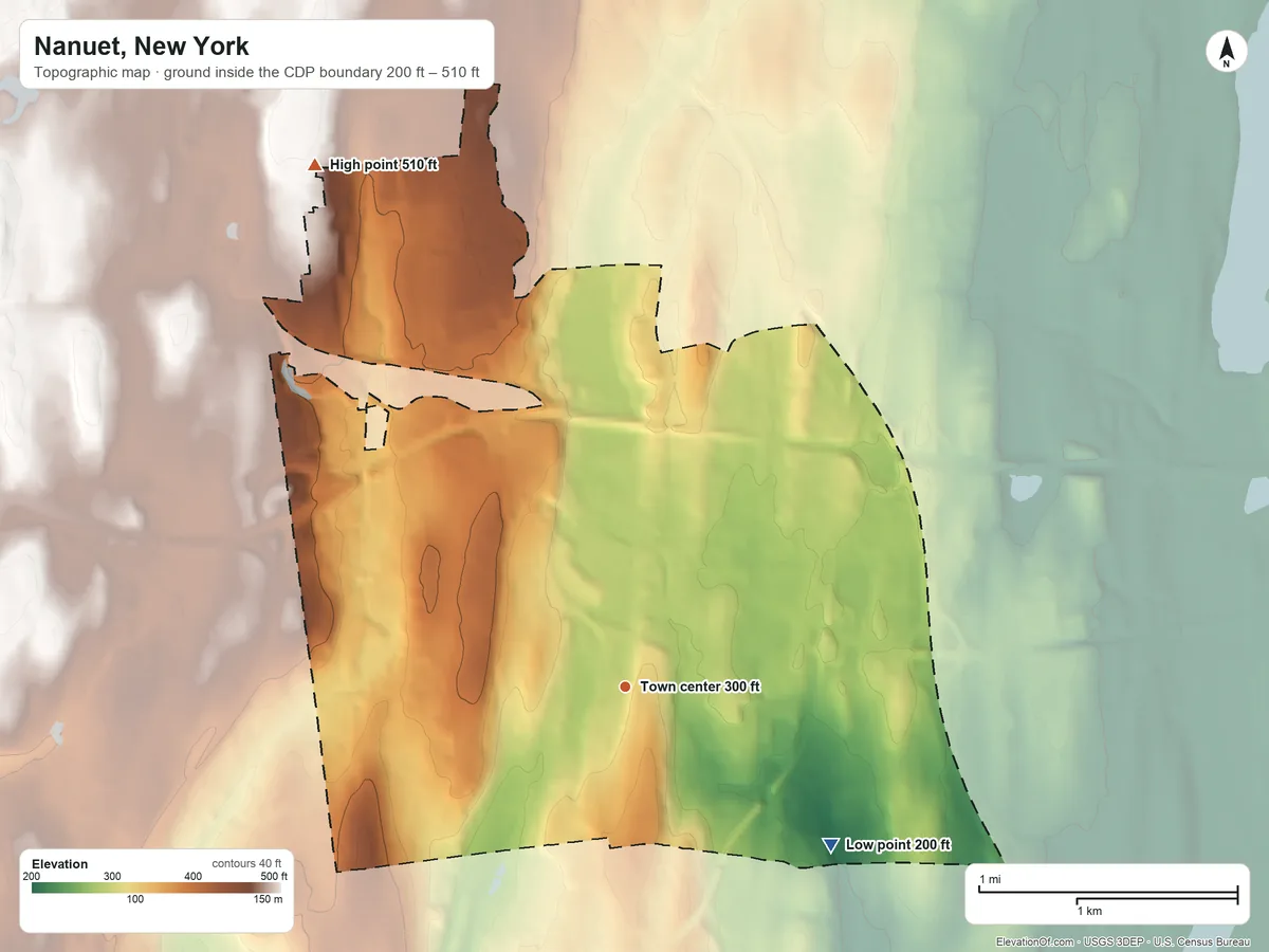 Topographic elevation map of Nanuet, New York, shaded from 200 ft on the southeast side to 510 ft on the northwest side