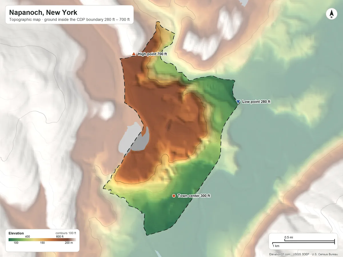 Topographic elevation map of Napanoch, New York, shaded from 280 ft on the northeast side to 700 ft at the foot of the Shawangunk Mountains