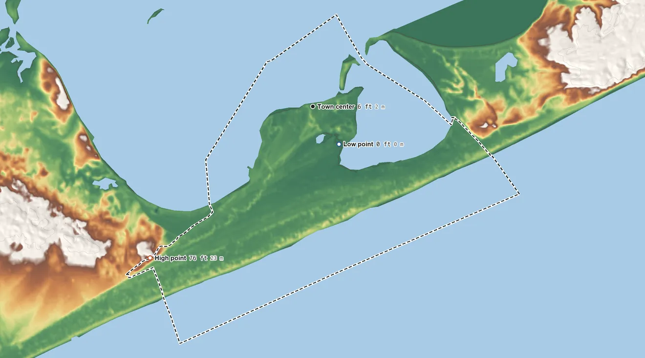 Topographic elevation map of Napeague, New York, shaded from sea level level on the Atlantic Ocean to 76 ft on the southwest side