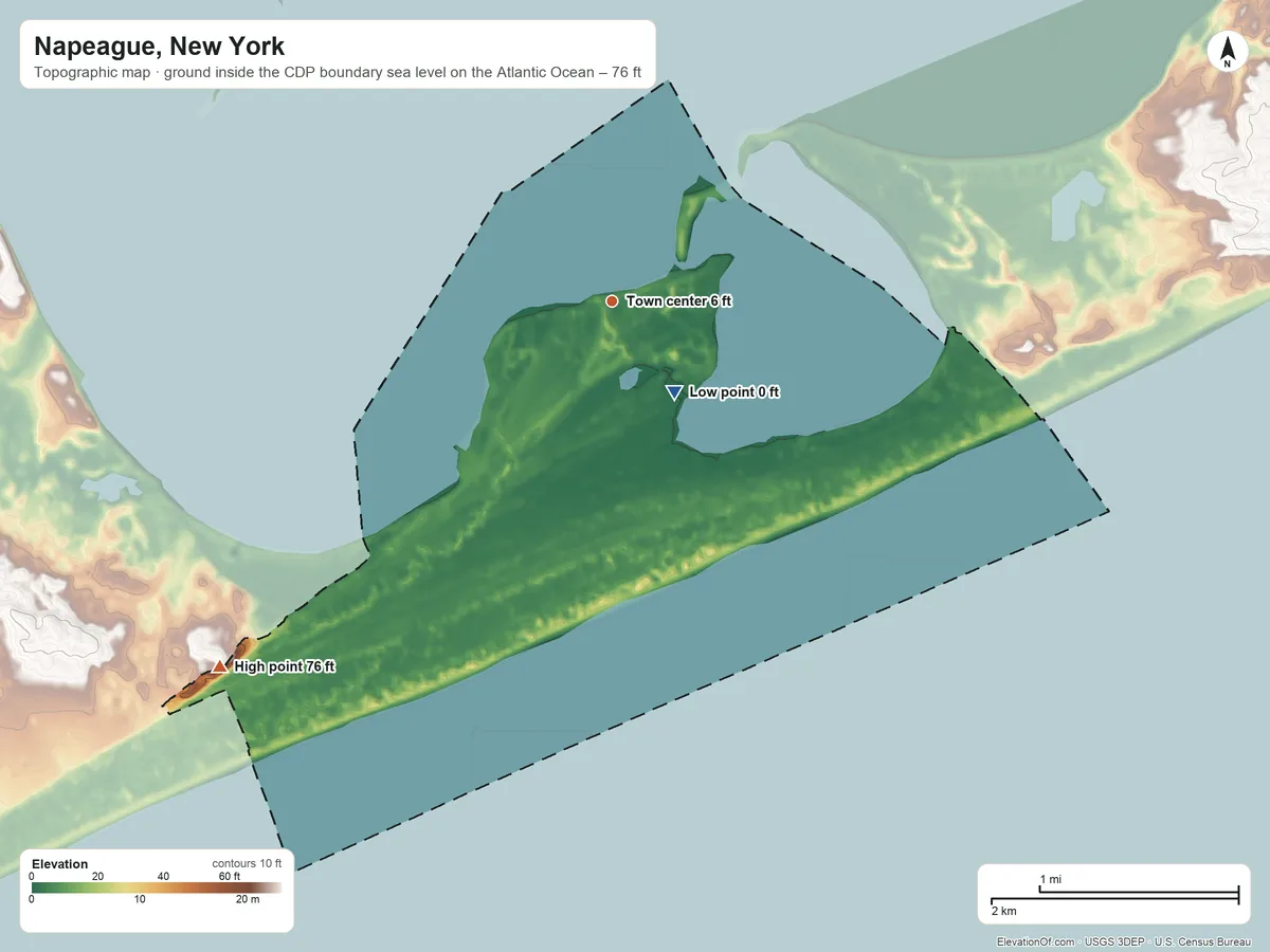 Topographic elevation map of Napeague, New York, shaded from sea level level on the Atlantic Ocean to 76 ft on the southwest side