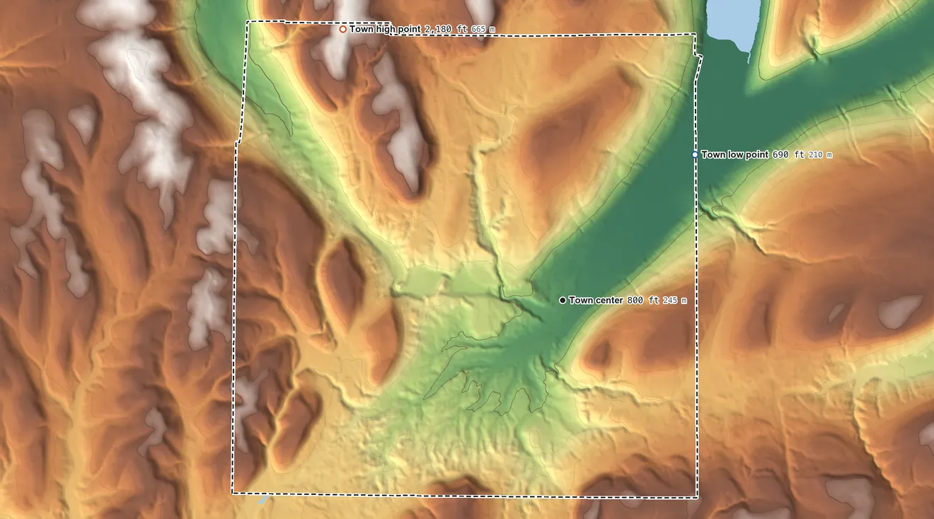Topographic elevation map of Naples, New York, shaded from 690 ft on the northeast side to 2,180 ft on the northwest side