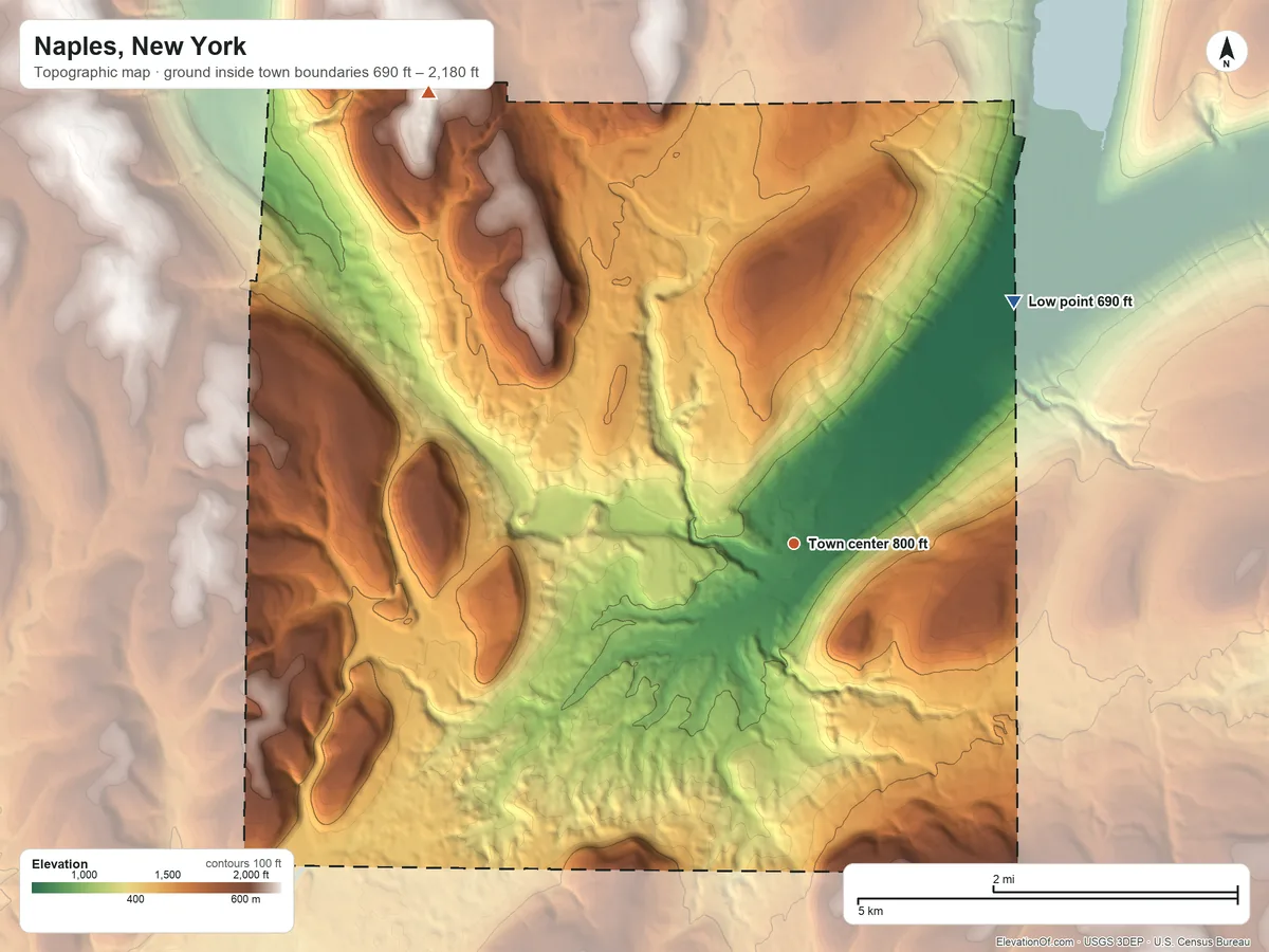 Topographic elevation map of Naples, New York, shaded from 690 ft on the northeast side to 2,180 ft on the northwest side