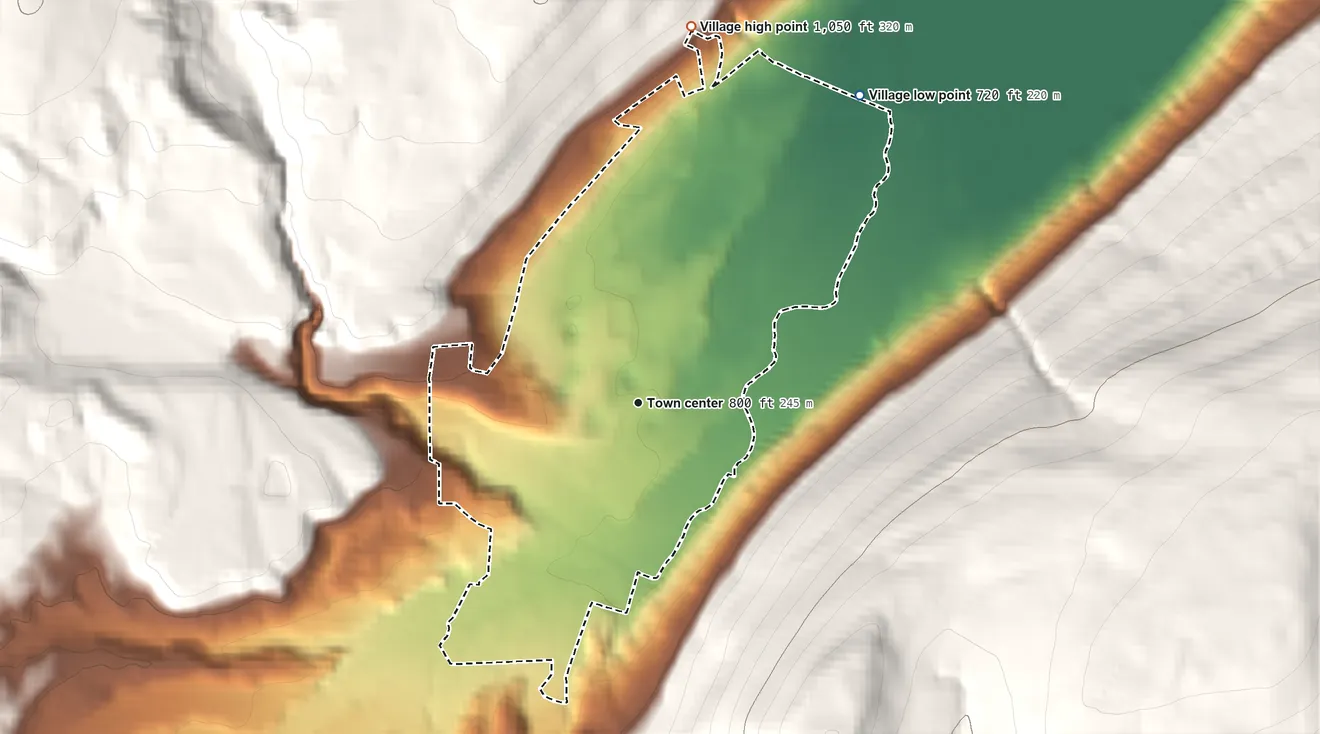Topographic elevation map of Village of Naples, New York, shaded from 720 ft on the northeast side to 1,050 ft on the north edge, below higher ground just outside