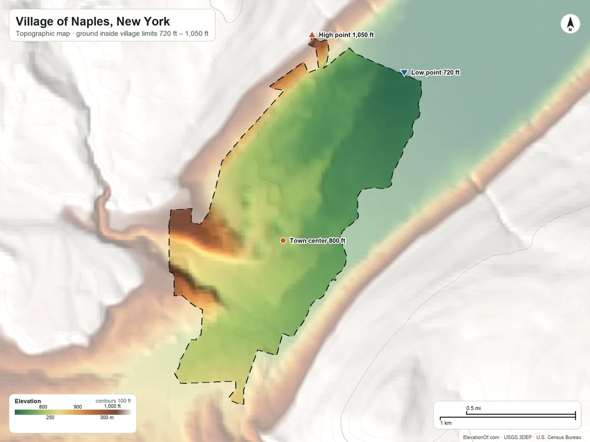 Topographic elevation map of Village of Naples, New York, shaded from 720 ft on the northeast side to 1,050 ft on the north edge, below higher ground just outside