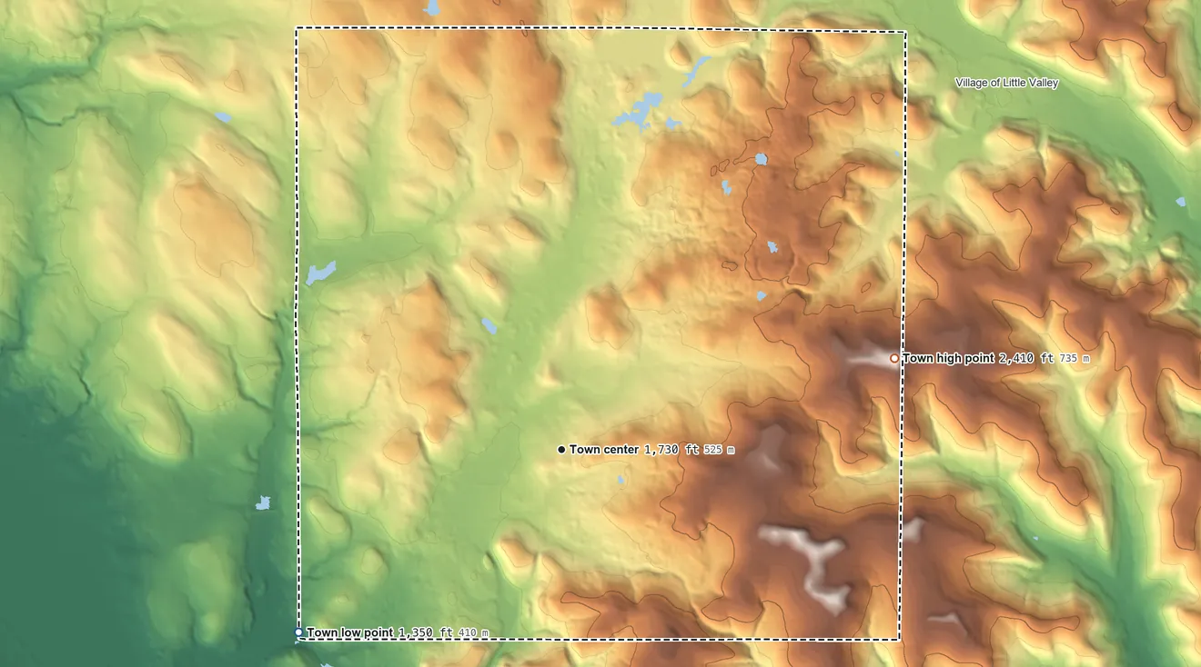 Topographic elevation map of Napoli, New York, shaded from 1,350 ft on the southwest side to 2,410 ft on Shutts Hill