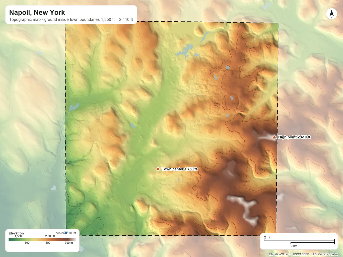 Topographic elevation map of Napoli, New York, shaded from 1,350 ft on the southwest side to 2,410 ft on Shutts Hill
