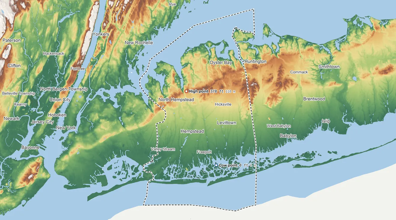 Topographic elevation map of Nassau County, New York, shaded from sea level on Jones Bay to 370 ft on Harbor Hill