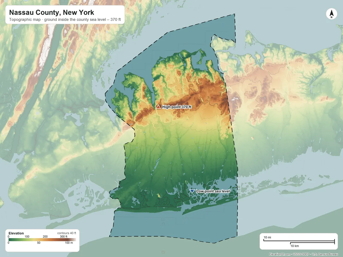 Topographic elevation map of Nassau County, New York, shaded from sea level on Jones Bay to 370 ft on Harbor Hill
