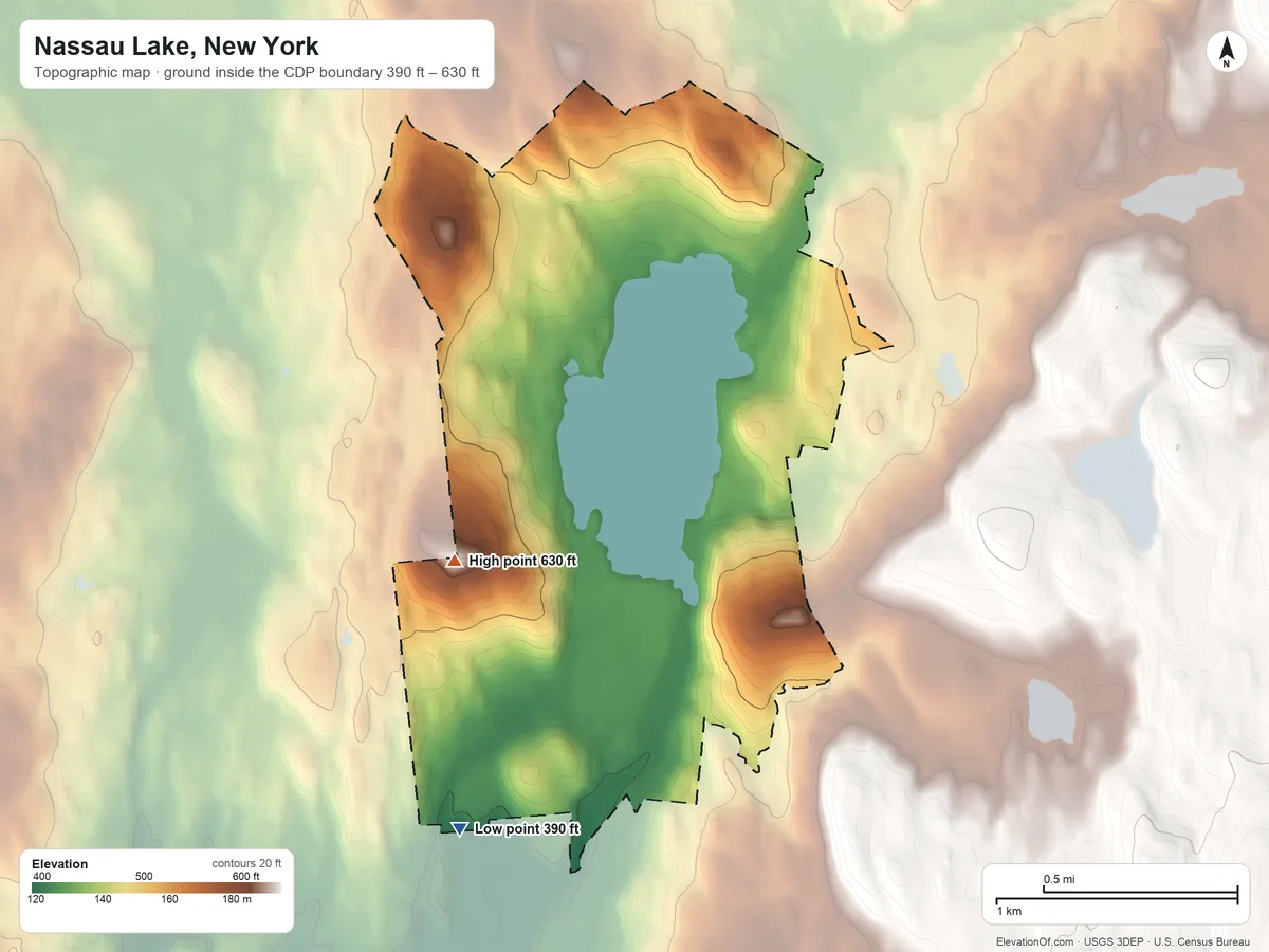 Topographic elevation map of Nassau Lake, New York, shaded from 390 ft on the south side to 630 ft on the southwest side