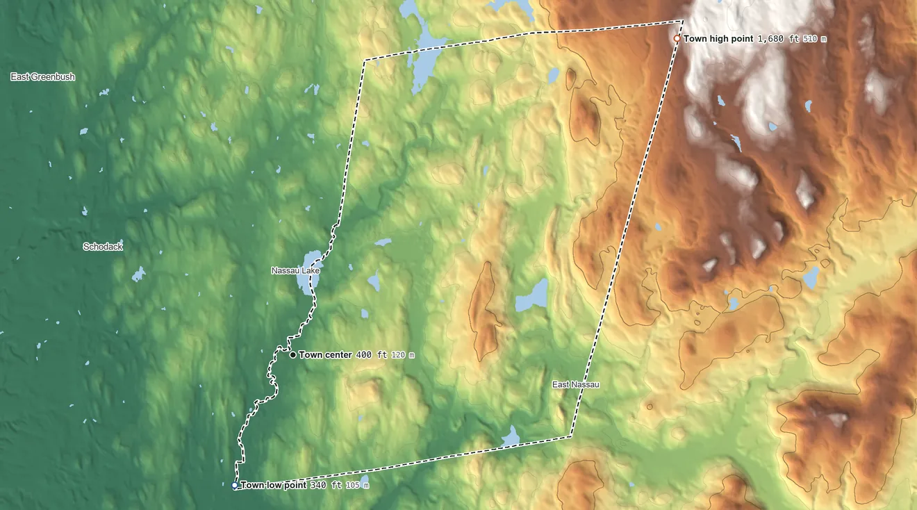 Topographic elevation map of Nassau, New York, shaded from 340 ft on the southwest side to 1,680 ft on the northeast side