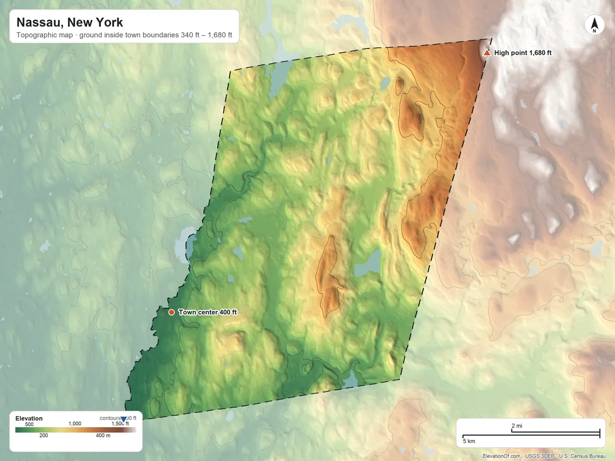 Topographic elevation map of Nassau, New York, shaded from 340 ft on the southwest side to 1,680 ft on the northeast side