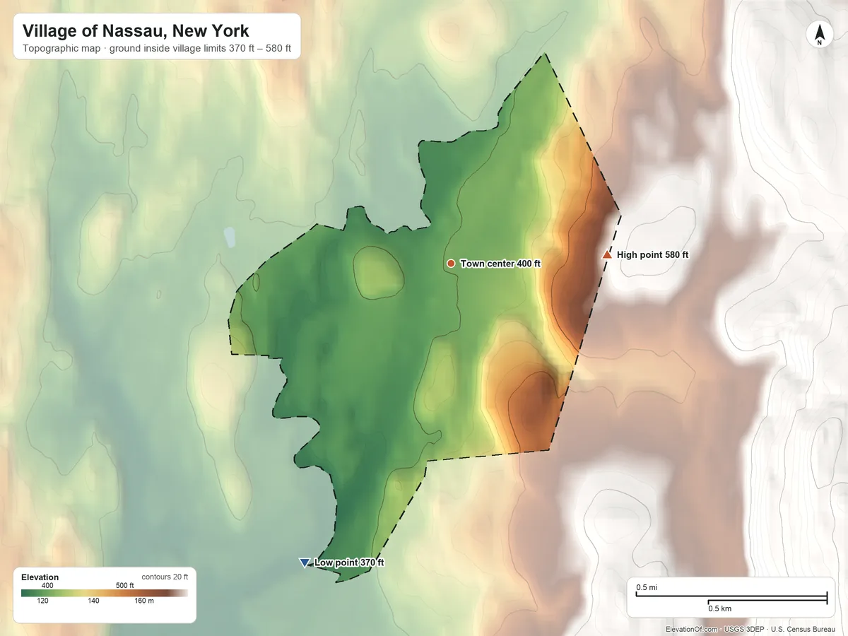 Topographic elevation map of Village of Nassau, New York, shaded from 370 ft on the southwest side to 580 ft at the foot of the Taconic Range