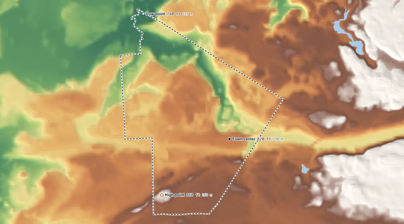 Topographic elevation map of Natural Bridge, New York, shaded from 740 ft on the northwest side to 860 ft on the southwest side