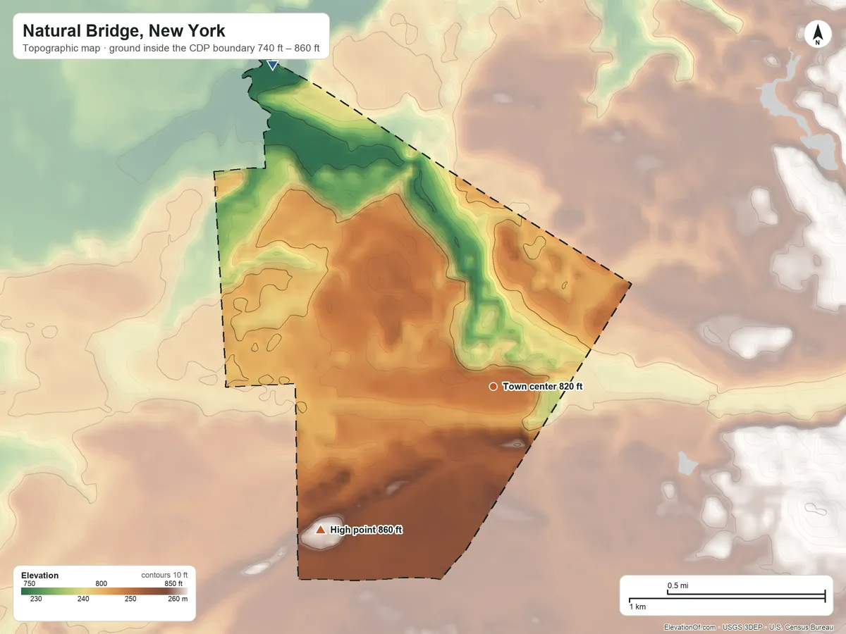 Topographic elevation map of Natural Bridge, New York, shaded from 740 ft on the northwest side to 860 ft on the southwest side