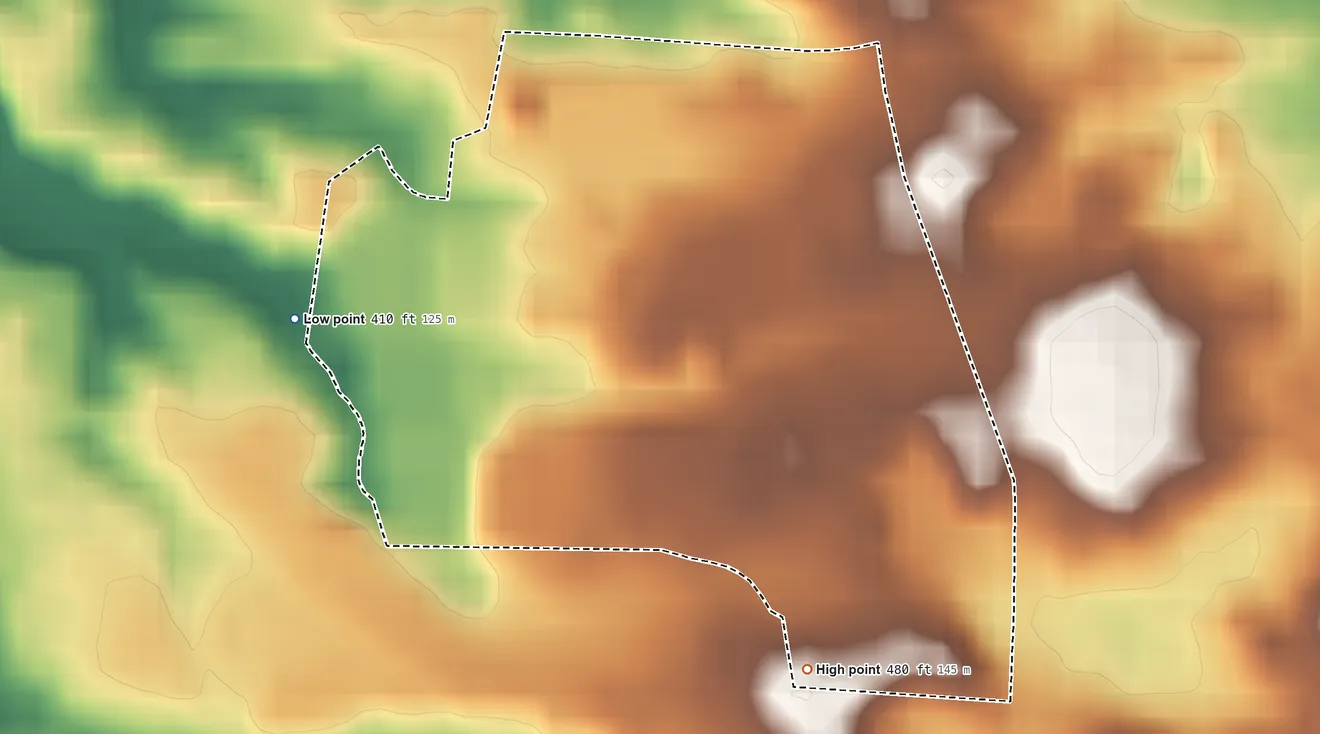 Topographic elevation map of Nazareth College, New York, shaded from 410 ft on the west side to 480 ft on the south side
