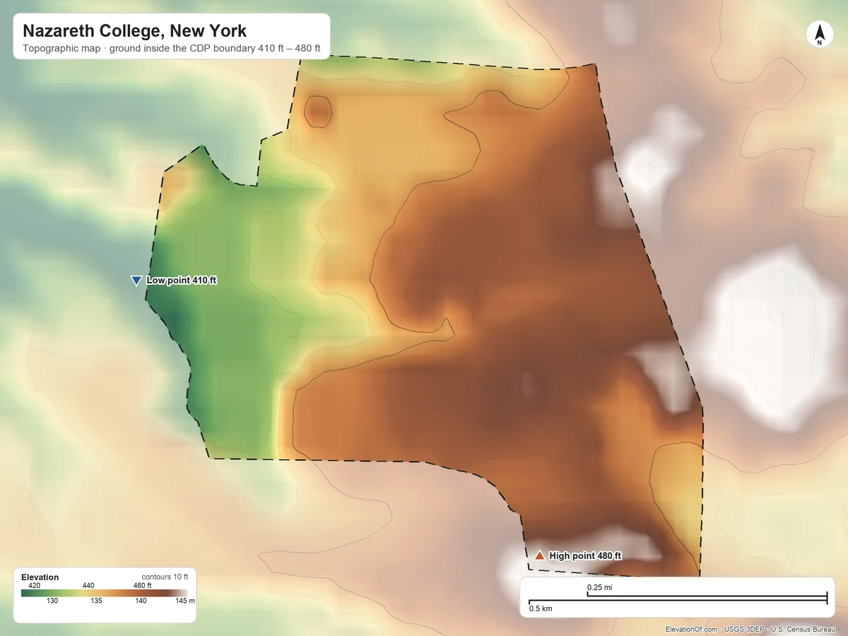 Topographic elevation map of Nazareth College, New York, shaded from 410 ft on the west side to 480 ft on the south side