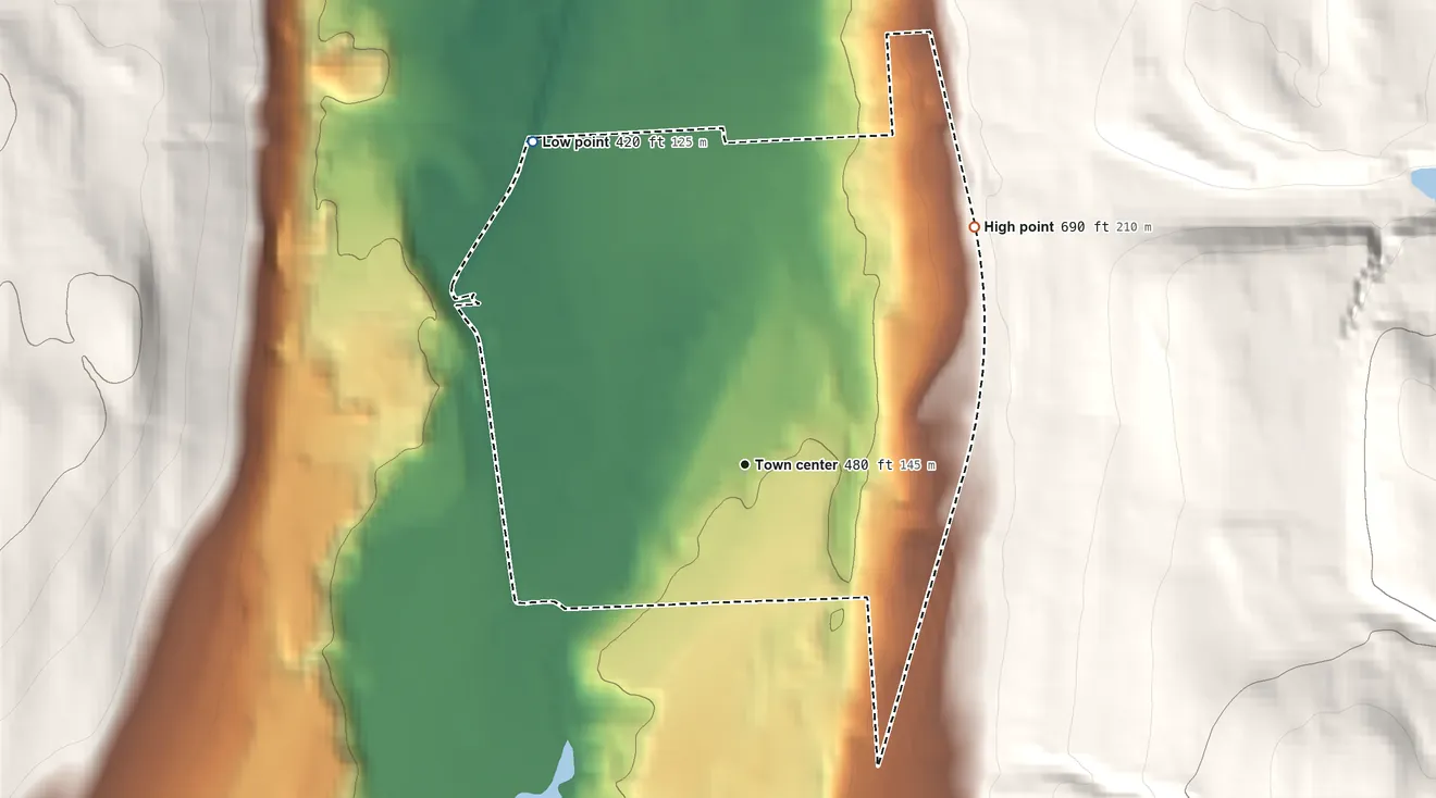 Topographic elevation map of Nedrow, New York, shaded from 420 ft on the northwest side to 690 ft on the northeast edge, below higher ground just outside