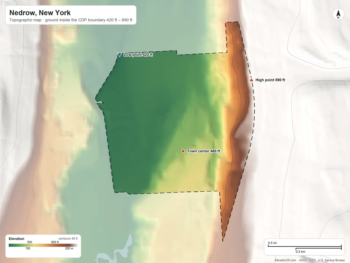 Topographic elevation map of Nedrow, New York, shaded from 420 ft on the northwest side to 690 ft on the northeast edge, below higher ground just outside
