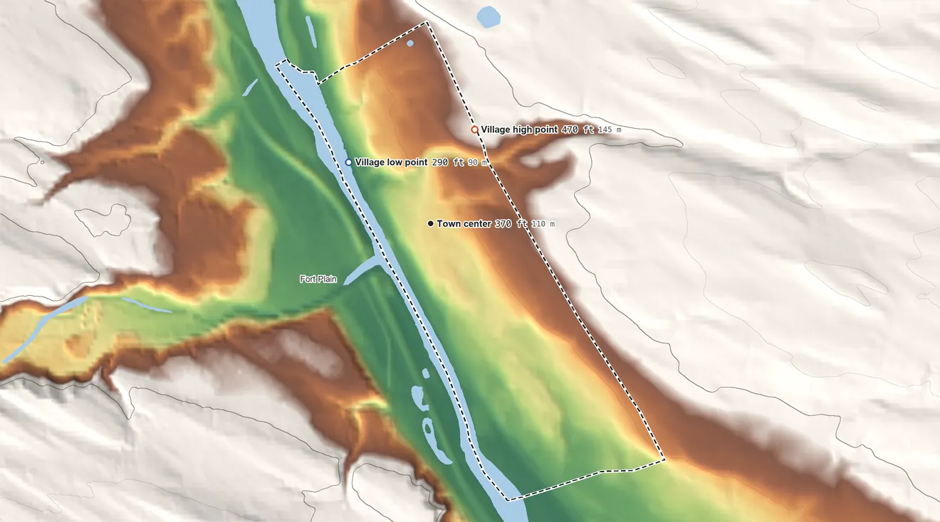 Topographic elevation map of Nelliston, New York, shaded from 290 ft on the northwest side to 470 ft on the northeast edge, below higher ground just outside