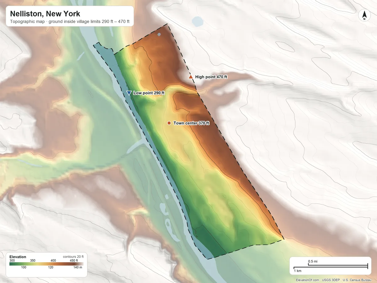 Topographic elevation map of Nelliston, New York, shaded from 290 ft on the northwest side to 470 ft on the northeast edge, below higher ground just outside
