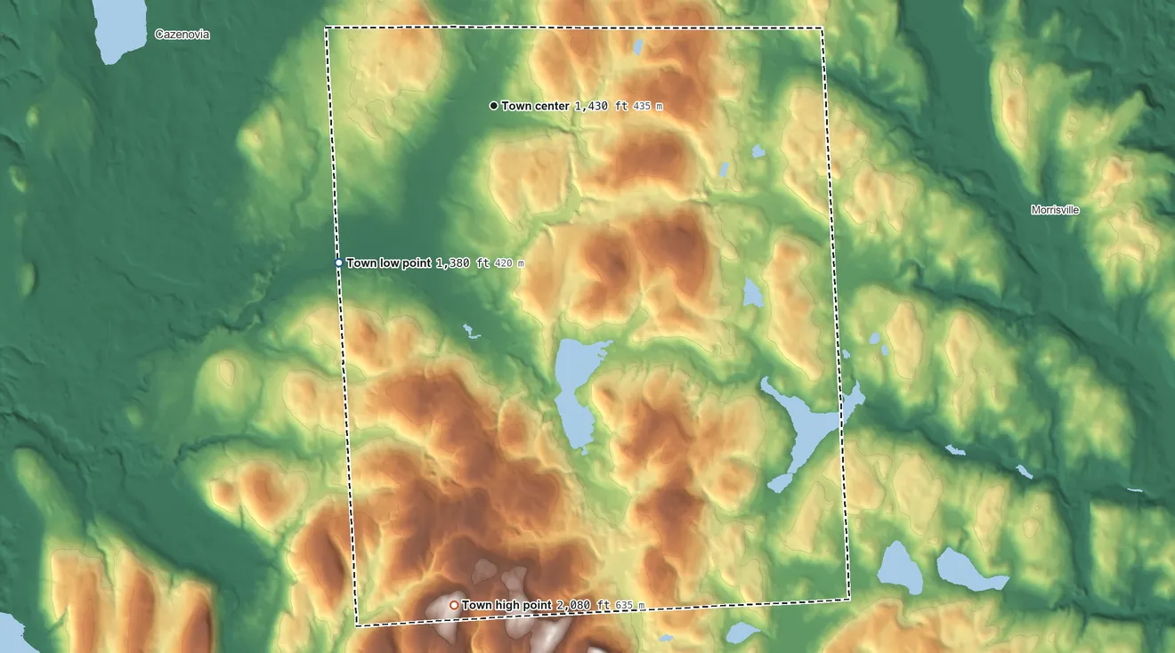 Topographic elevation map of Nelson, New York, shaded from 1,380 ft on the southwest side to 2,080 ft on the south side