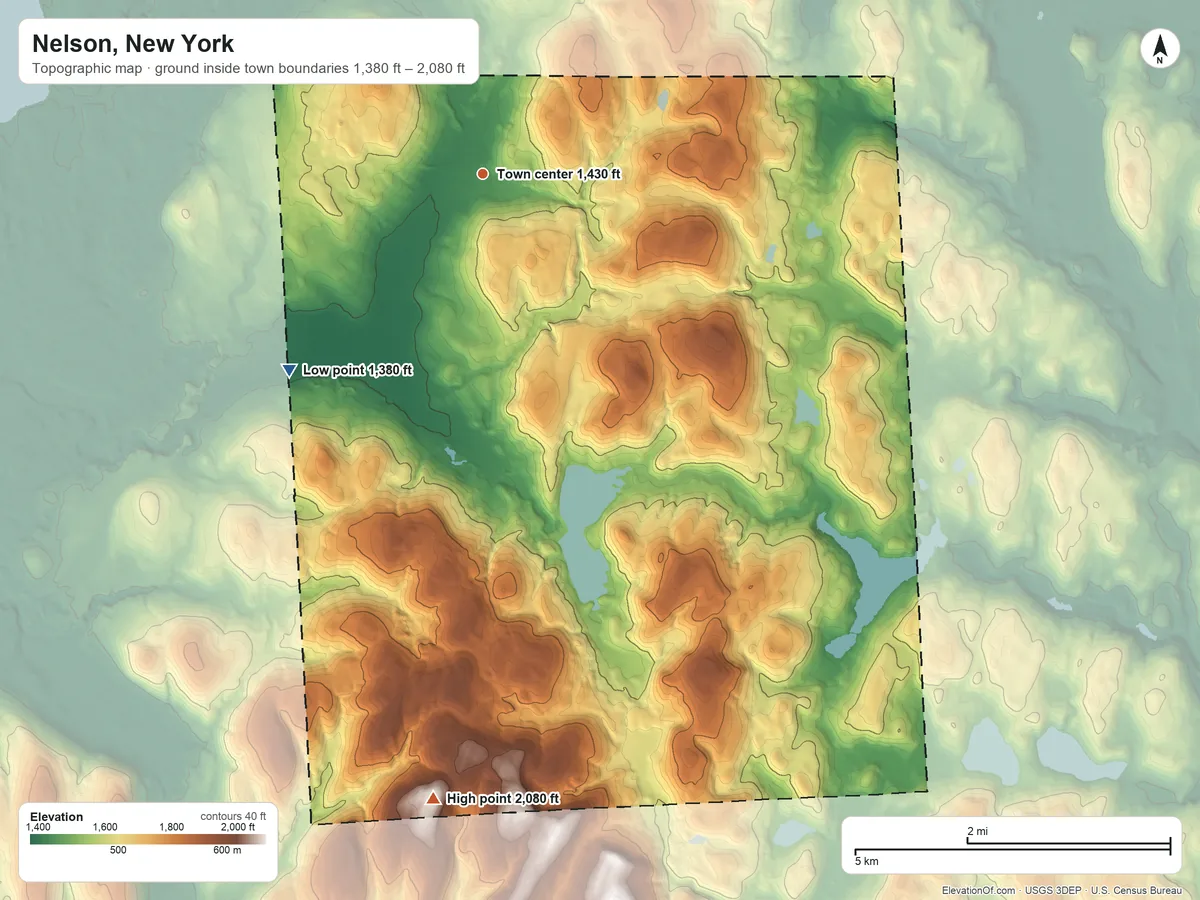 Topographic elevation map of Nelson, New York, shaded from 1,380 ft on the southwest side to 2,080 ft on the south side