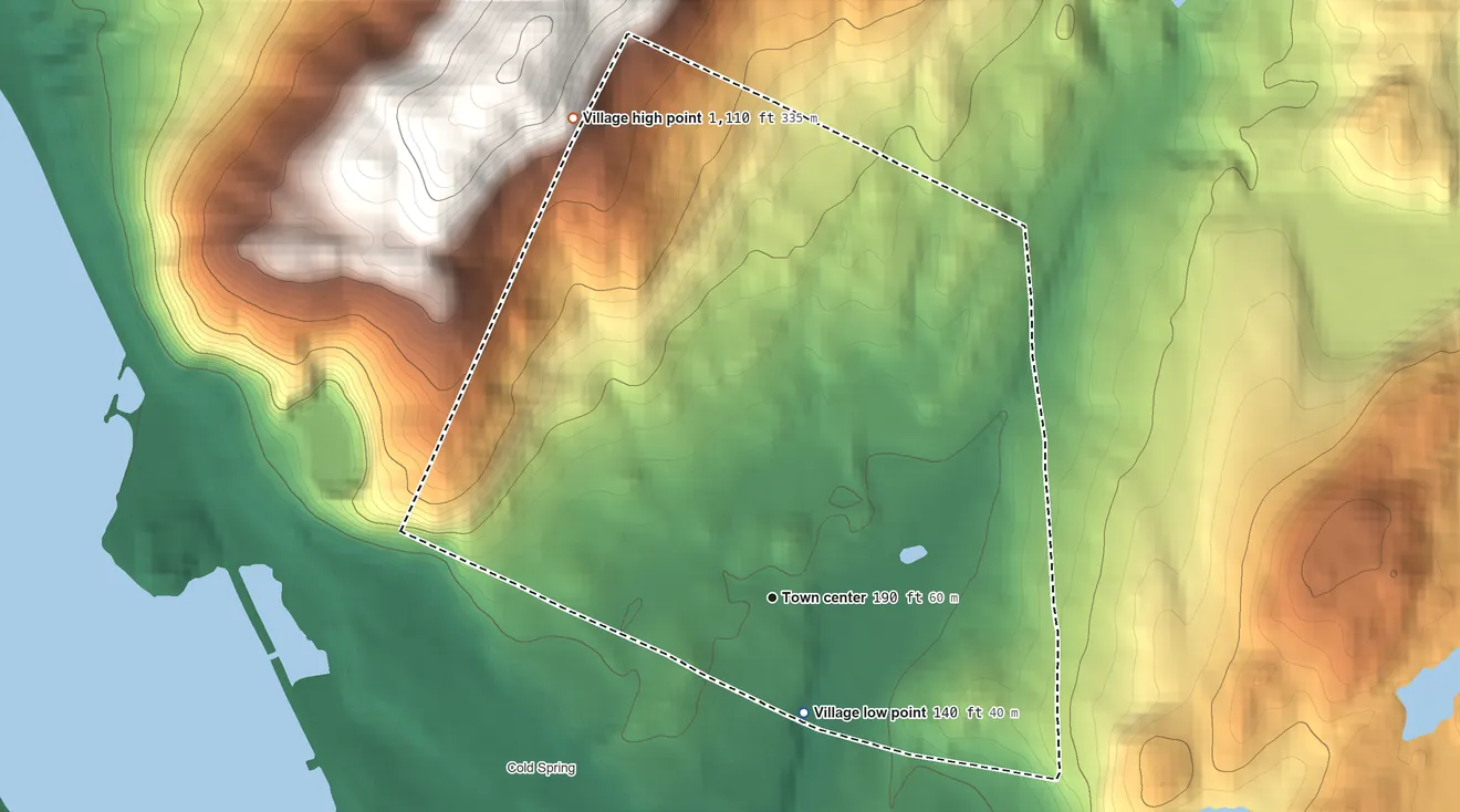 Topographic elevation map of Nelsonville, New York, shaded from 140 ft on the south side to 1,110 ft on the northwest edge, below higher ground just outside
