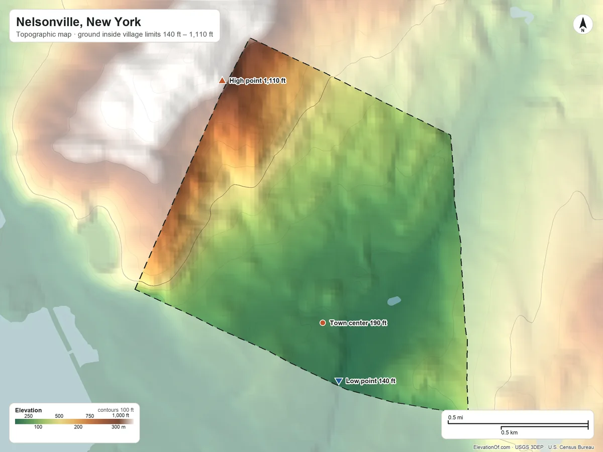 Topographic elevation map of Nelsonville, New York, shaded from 140 ft on the south side to 1,110 ft on the northwest edge, below higher ground just outside