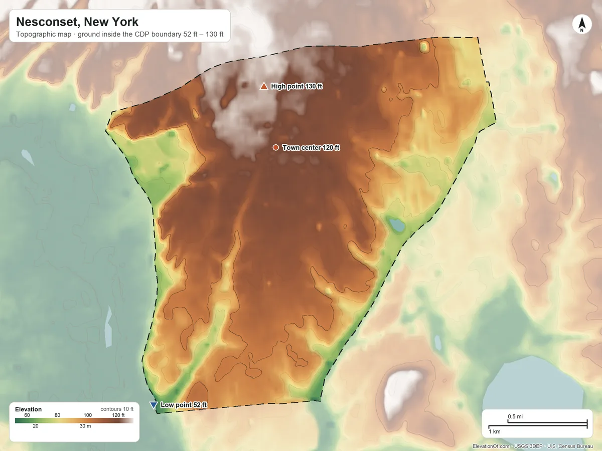 Topographic elevation map of Nesconset, New York, shaded from 52 ft on the southwest side to 130 ft on the north side