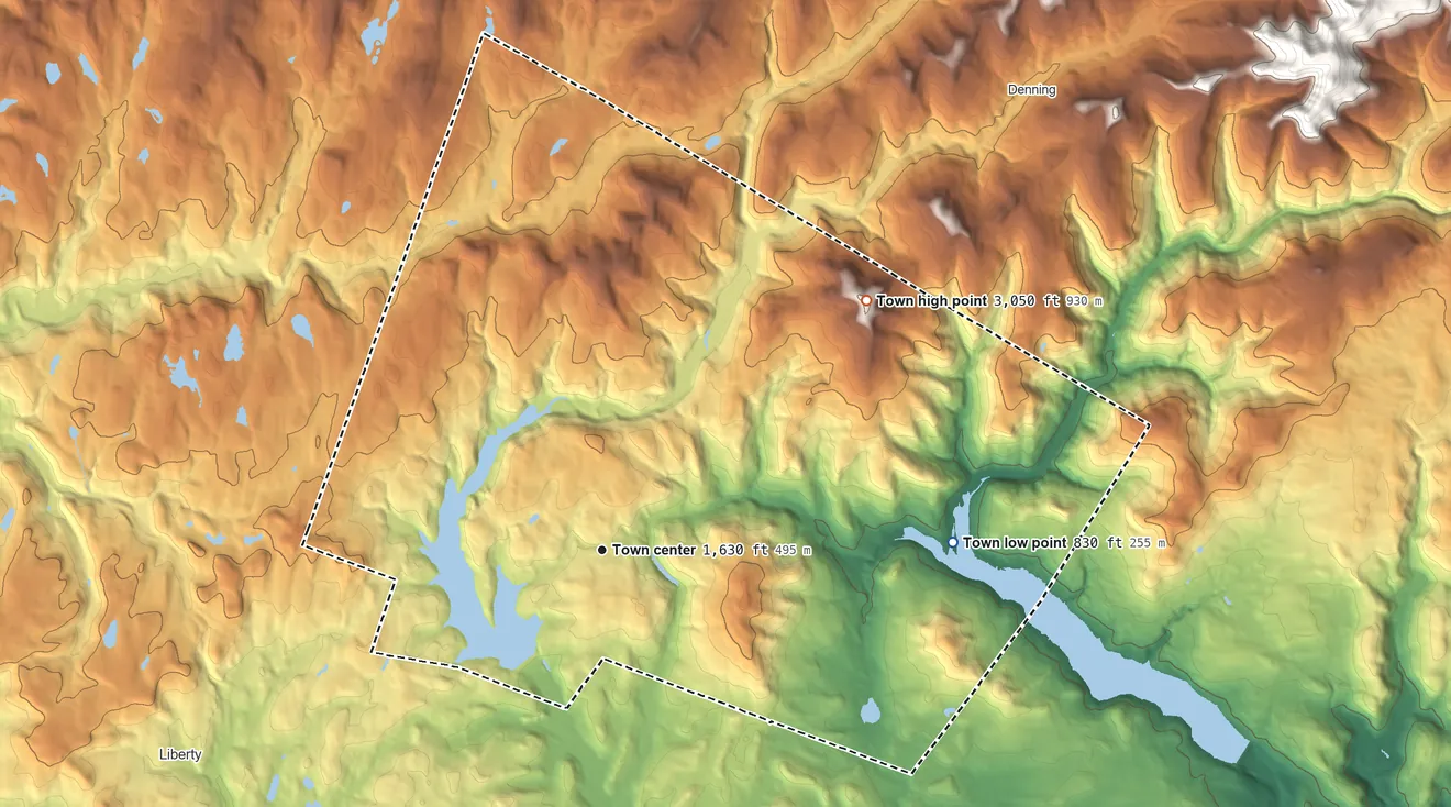 Topographic elevation map of Neversink, New York, shaded from 830 ft on the east side to 3,050 ft on Denman Mountain