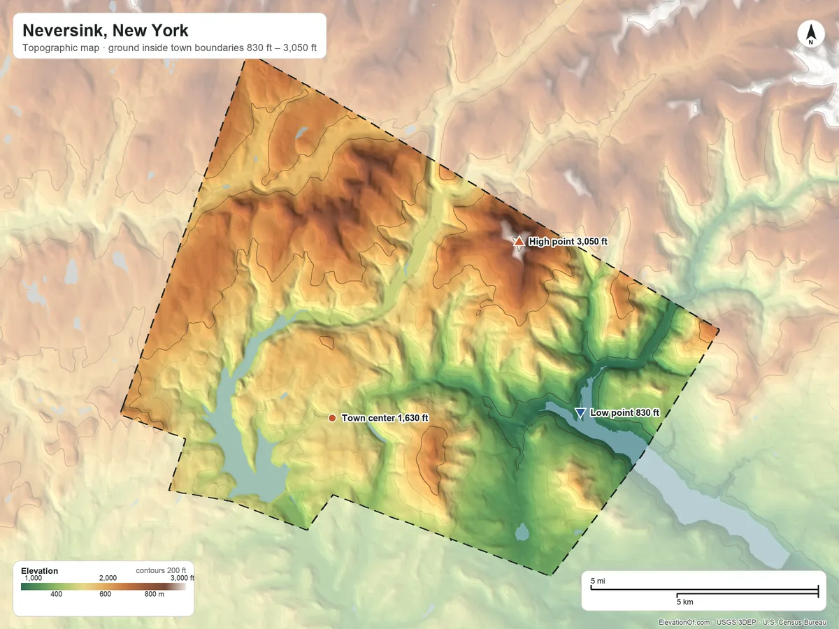 Topographic elevation map of Neversink, New York, shaded from 830 ft on the east side to 3,050 ft on Denman Mountain
